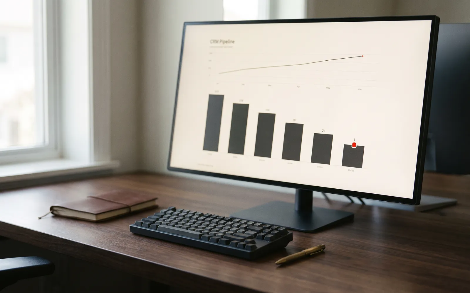 A CRM pipeline report on a desk monitor